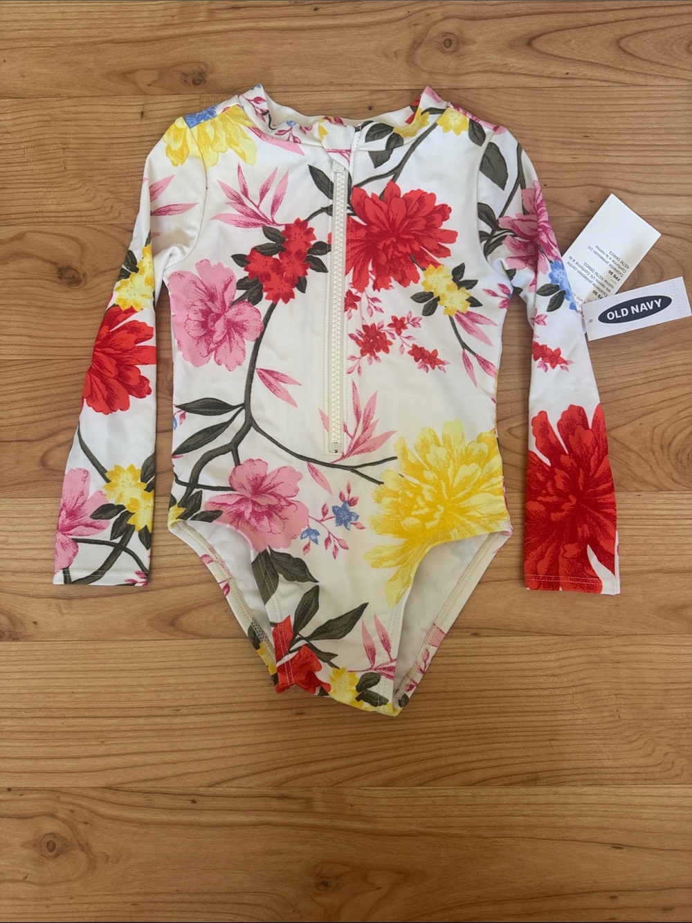 Old Navy White Floral Long-Sleeve Zip One-Piece Swimsuit NWT